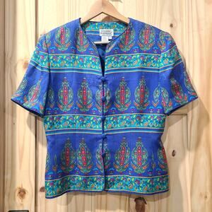 Vtg Adrianna Papell Silk Button Up Jacket Top Bold Blue Geometric Indie Size 8